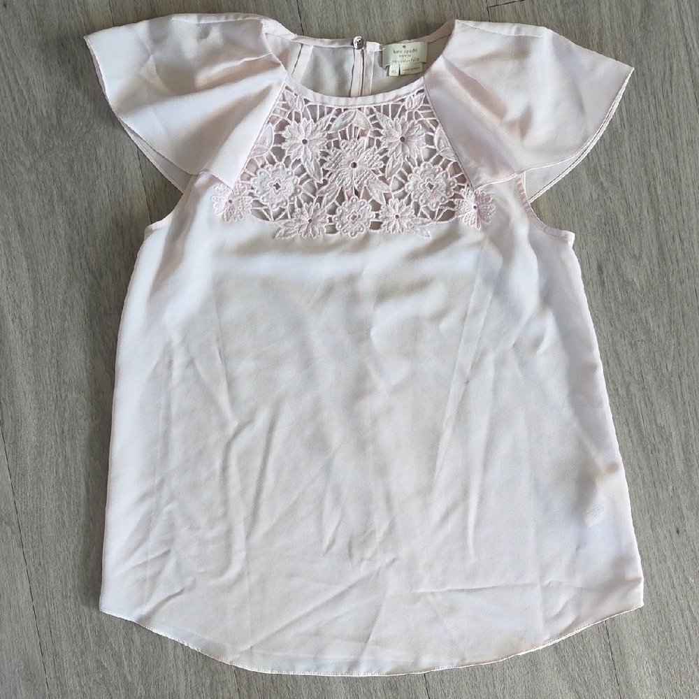 Kate Spade Size XS. Blush Pink Blouse. Floral Detail At Front. Flutter Sleeves.
